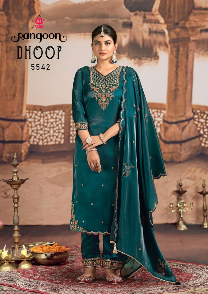 Dhoop By Rangoon Satin Crape Embroidery Kurti With Bottom Dupatta Wholesale Shop In Surat